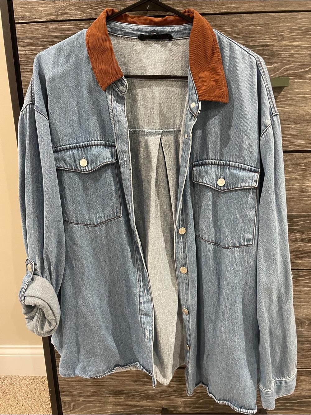 Women’s Light Blue Denim Overshirt with Brown Corduroy Collar